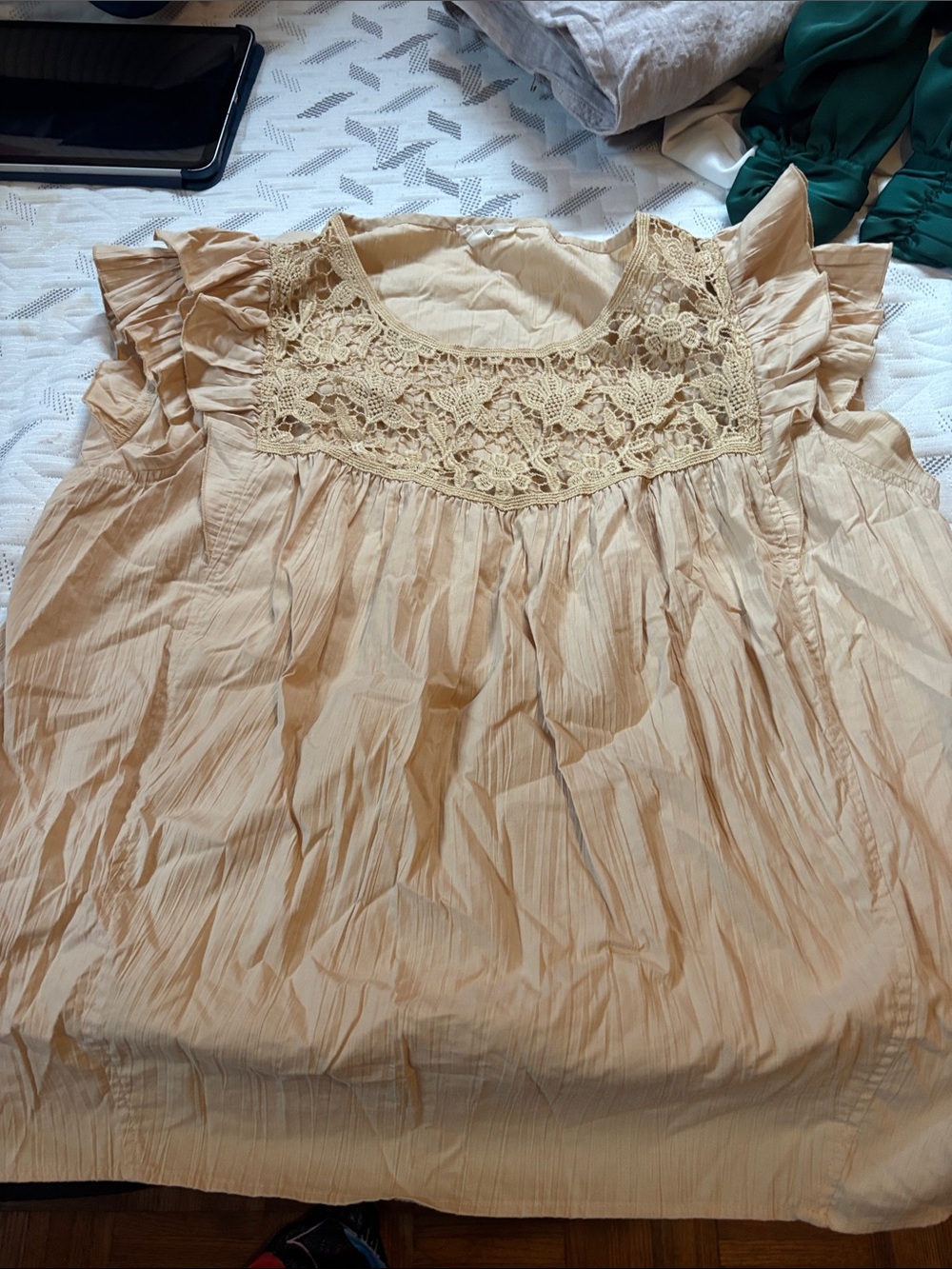 Women's Cream Crochet-Yoke Ruffle Blouse